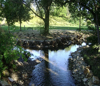 Photo of a body of water going through a park